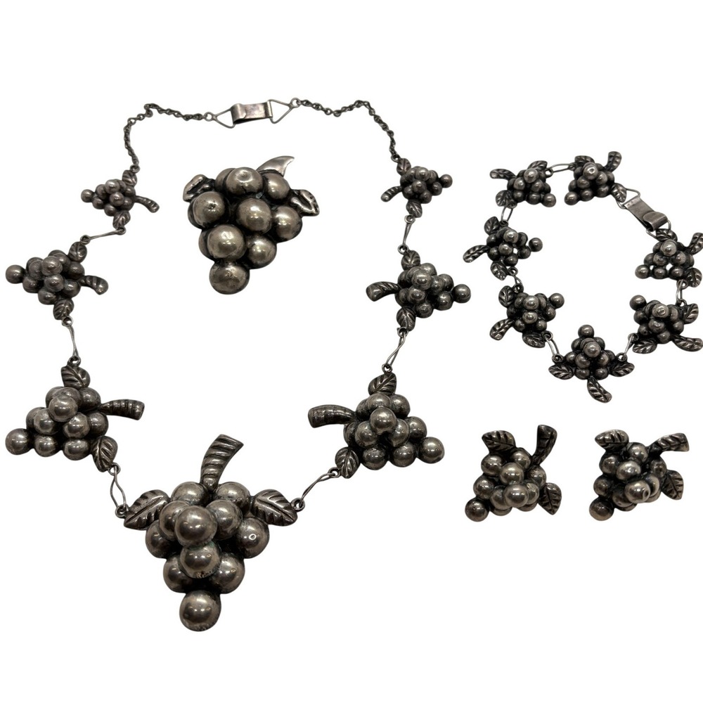 Vintage Mexico Sterling Silver 925‎ Grape Cluster Necklace Bracelet Earring Set